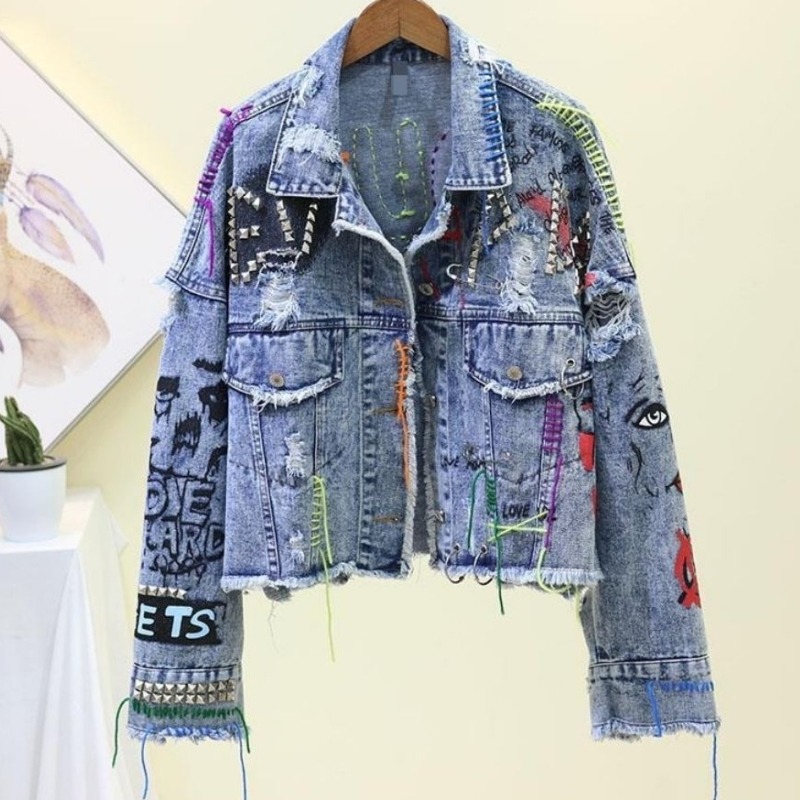 Street Fashion Graffiti - Trendy Graffiti Casual Denim Short Jacket