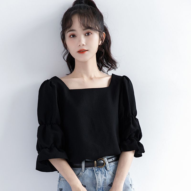 Street Fashion Youth - Pleated Short Sleeve Solid Korean Shirt