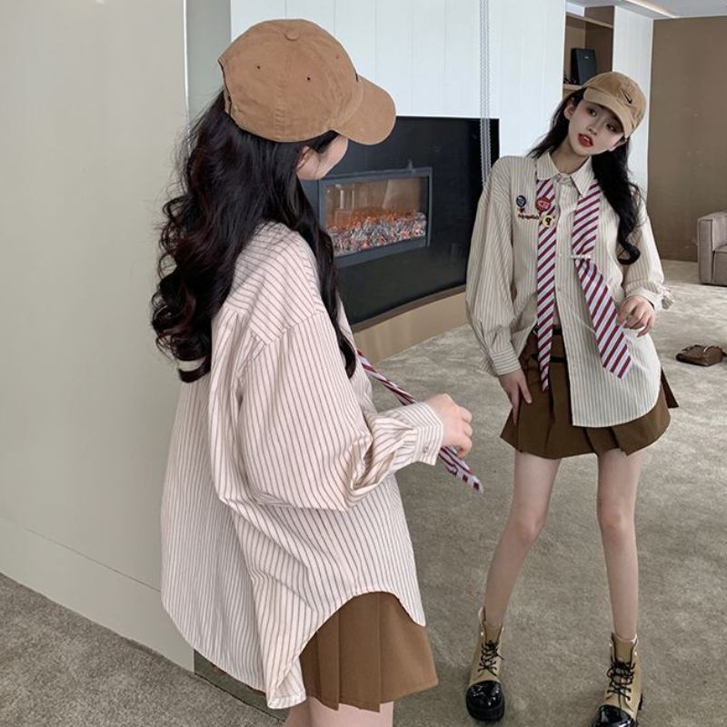 Striped Shirts Women Baggy Pre - Street Fashion Youth 评论和价格
